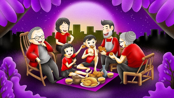 卡通中秋节月饼月亮赏月一家人团圆原创插画