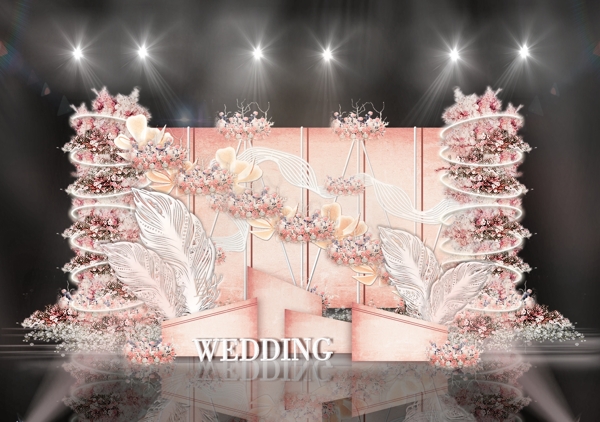 粉色线条雕塑背景圆环花艺造型婚礼效果图