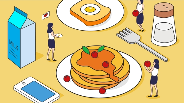 早安2.5D描边卡通可爱早餐插画