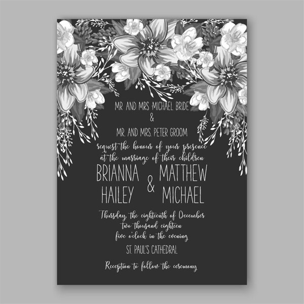 黑白植物花朵婚礼请贴图片