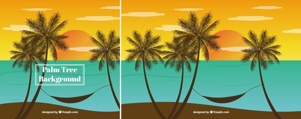 手绘棕榈树海边日落风景