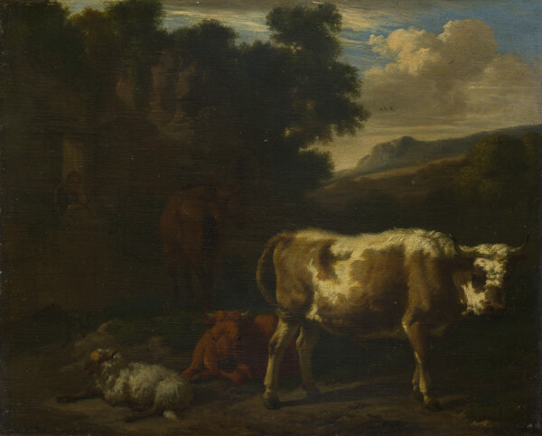 两个牛犊一只绵羊和一匹马图片
