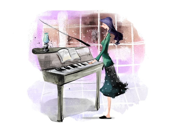 弹钢琴的女孩插画手绘插画女孩弹钢琴图