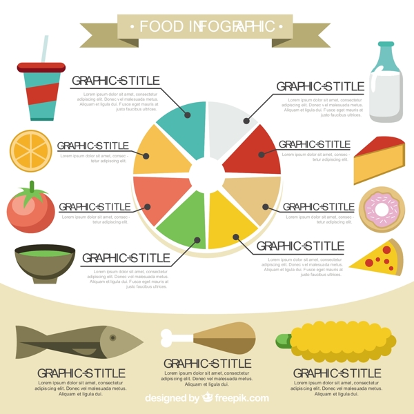 五颜六色的圆形和扁平的元素的食物图片