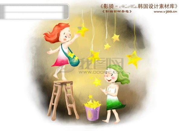 HanMaker韩国设计素材库背景卡通漫画可爱人物女孩星星玩耍友谊朋友儿童