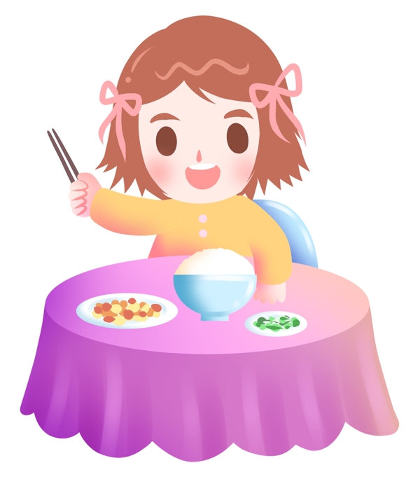 吃米饭的女孩插画