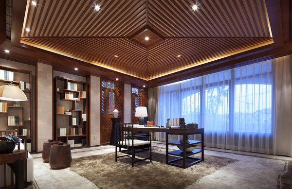 新中式时尚书房金色条纹吊顶室内装修效果图