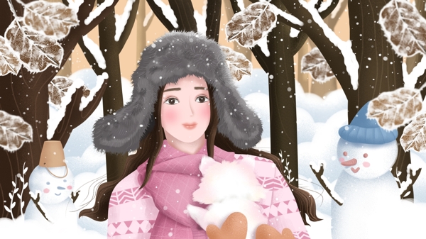 原创手绘插画冬天你好女孩堆雪人