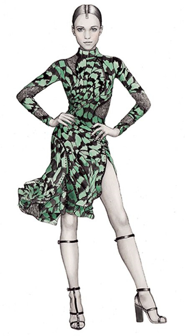 风情万种绿色花纹裙子女装效果图