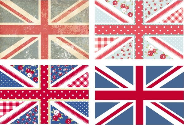 在破旧的别致的花和4只可爱的复古风格的英国国旗