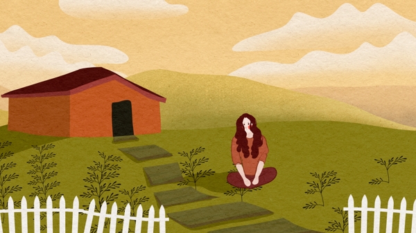 秋天你好独自坐在房屋前的女孩手绘海报插画