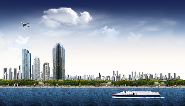海天一色现代城市楼房海边建筑客船图片
