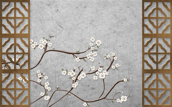 白梅花背景墙手绘梅花中式工笔画