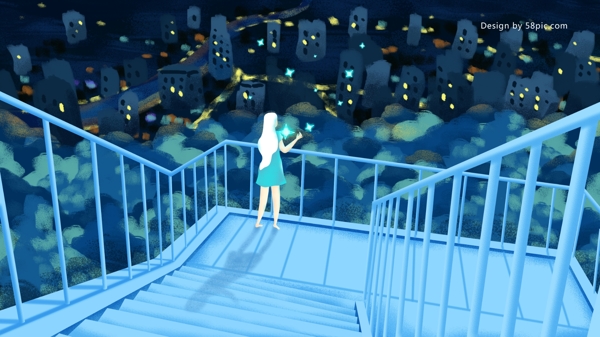 原创手绘插画午夜之城山顶女孩俯瞰夜景