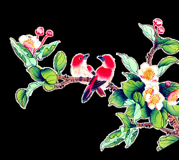 站着两只鸟的茶花树透明装饰素材