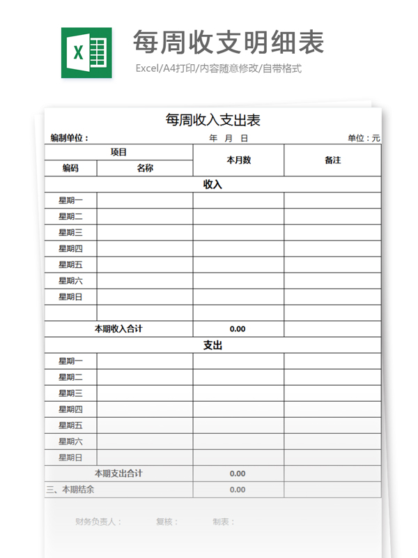 每周收支明细表excel模板