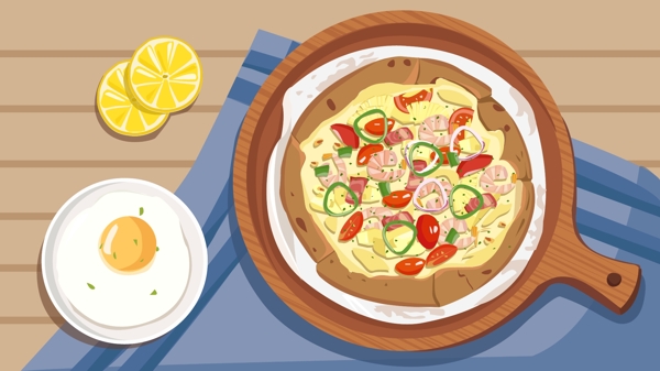 菠萝鲜虾披萨鸡蛋美食插画矢量图