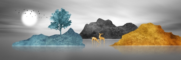 新中式手绘风景山水麋鹿装饰画