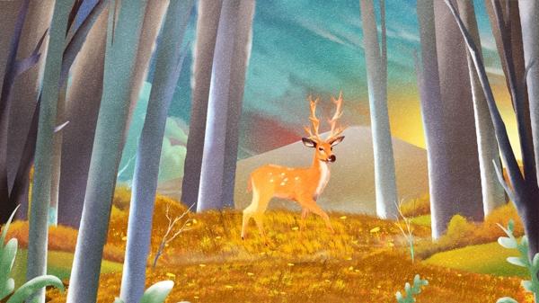 唯美创意手绘治愈系林深见鹿插画