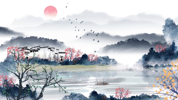 唯美手绘中国水墨画成语故事水彩画插画