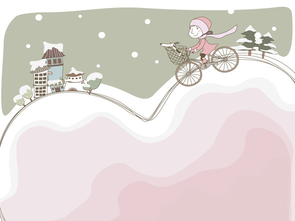 雪天骑单车女孩淡彩手绘风格插画