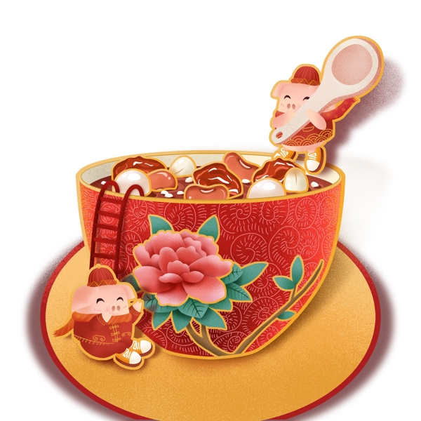 喜庆中国风吃腊八粥的小猪设计