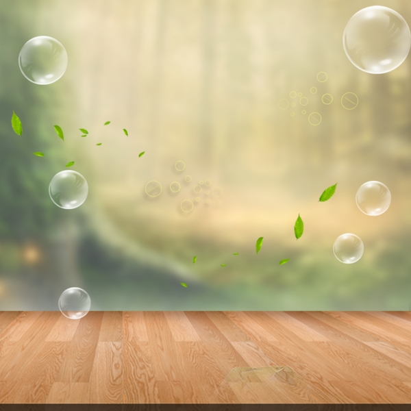 气泡绿叶木地板背景图