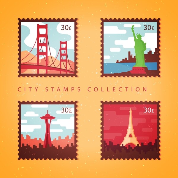 四种不同城市的彩色邮票