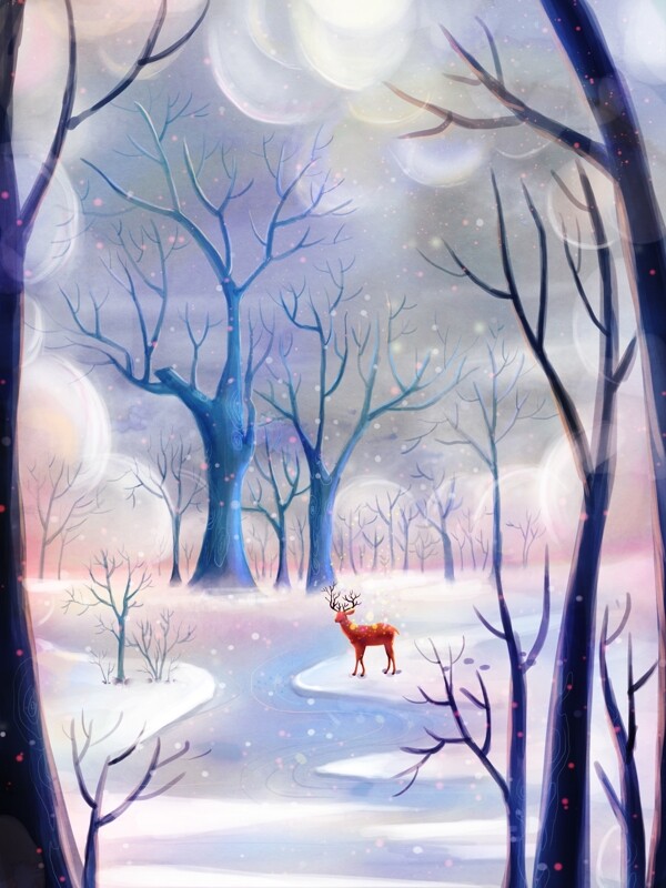 原创立冬唯美插画之森林里的鹿