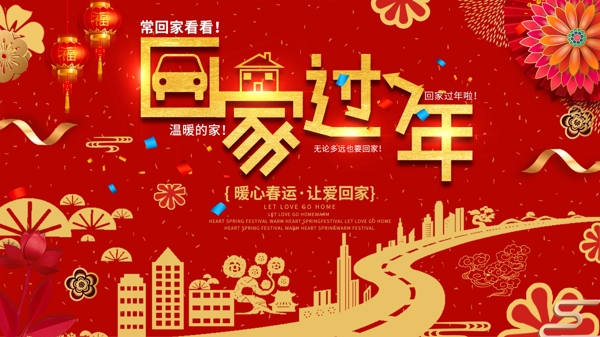 可商用红色喜庆中国风大气新年回家过年展板