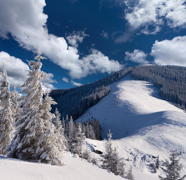 蓝天白云下雪山图片