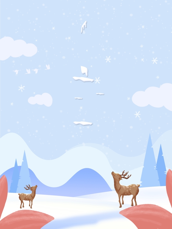 简约冬季雪地麋鹿背景展板