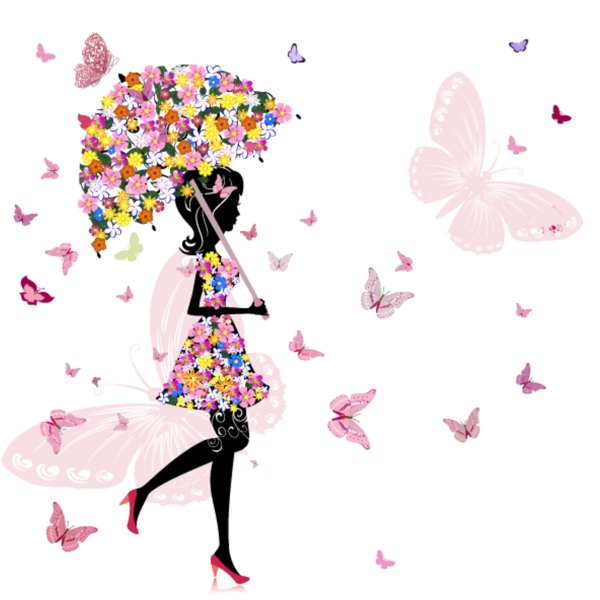 蝴蝶花卉女子插画图片