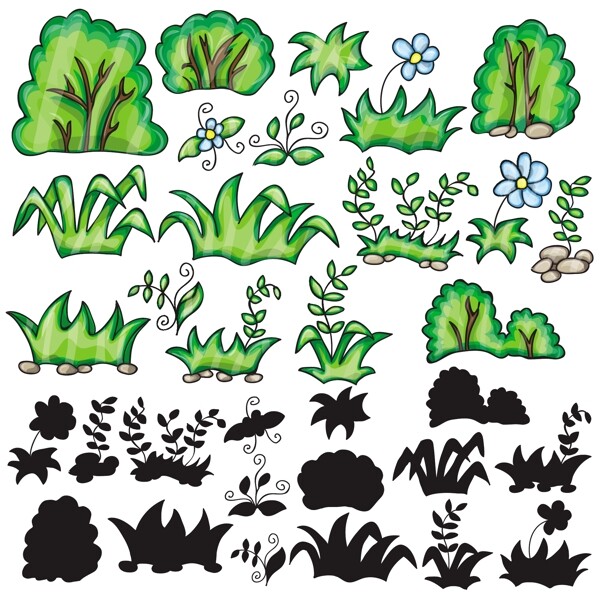 卡通小草景观园艺植物树木树叶矢量