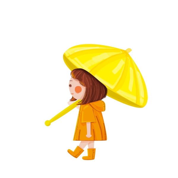 卡通可爱撑着黄色雨伞的女孩