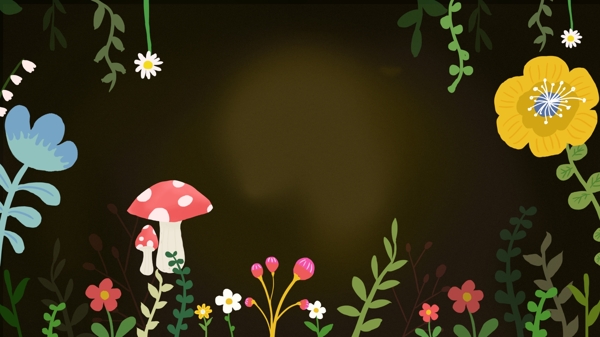 森林彩色花朵绿草蘑菇卡通背景