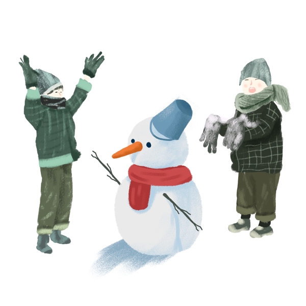 小清新冬季堆雪人的两个男孩