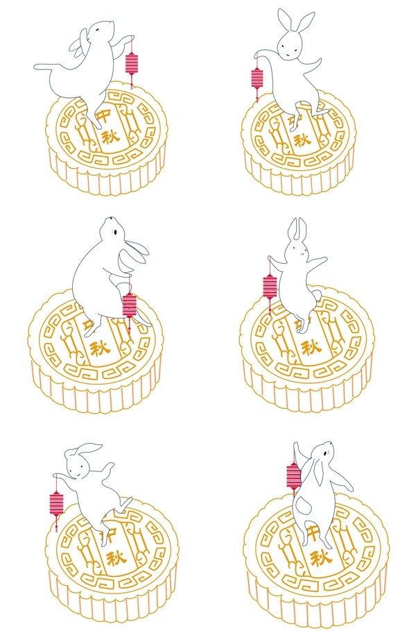 中秋节中国风月饼与玉兔手绘矢量图