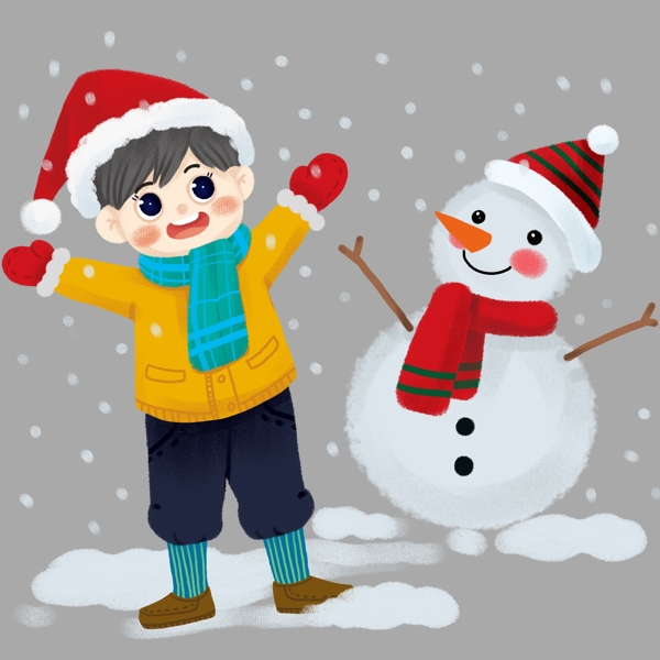 圣诞节喜欢下雪天的雪人和小男孩