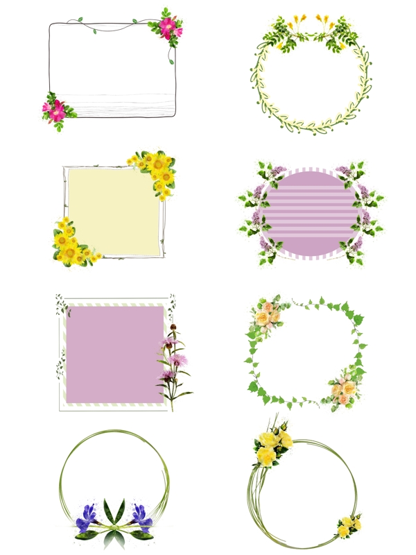 手绘圆形方形植物花卉紫色水彩边框元素合集
