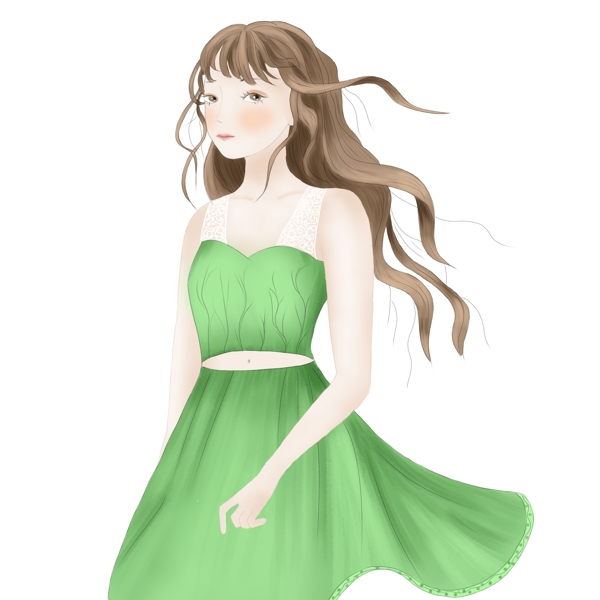 手绘清新穿着绿色裙子的少女