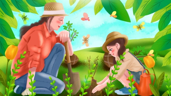 原创手绘插画劳动节女孩和妈妈在田里种树