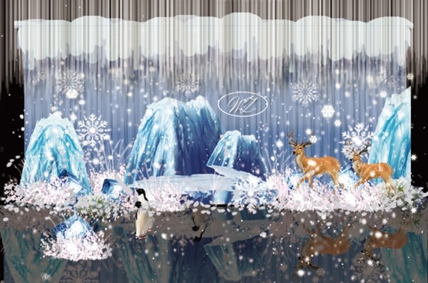 纯净蓝色冰雪风格婚礼迎宾合影区舞台效果图