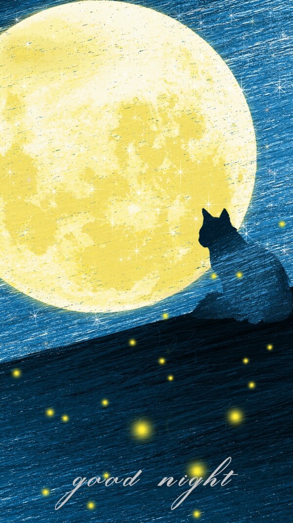 梦幻孤独的夜猫线条原创海报