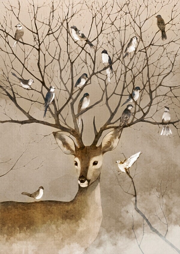 手绘灰色麋鹿小鸟现代装饰画