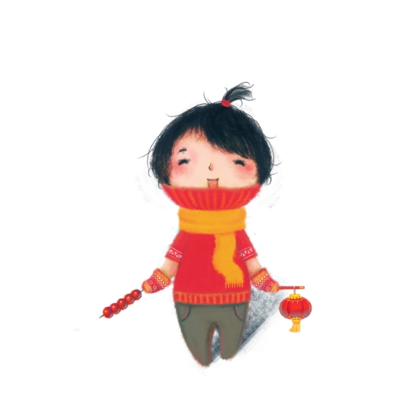 春节少女可爱红毛衣过年新年PNG灯笼糖葫芦