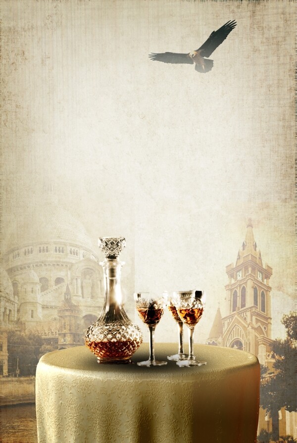红酒品鉴大气古典质感底纹圆桌欧式建筑海报