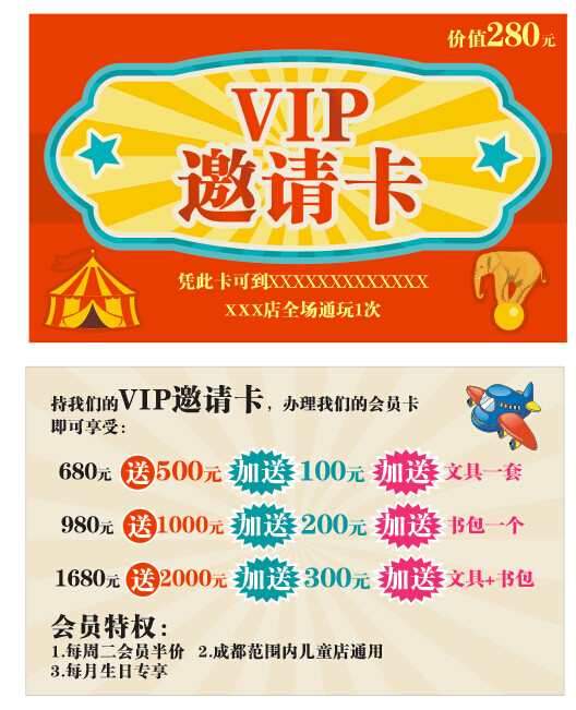 卡通可爱潮流马戏团名片vip邀请卡