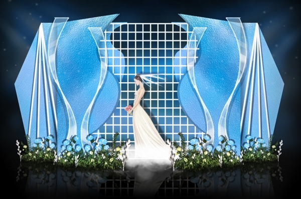 蓝色曲线玻璃网格婚礼效果图
