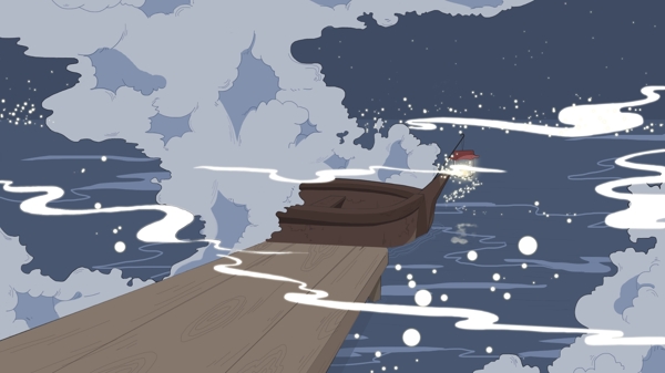 小船海面夜景灯光意境原创插画
